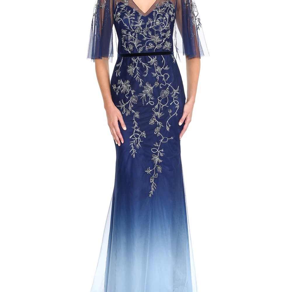 Marchesa Flutter Sleeve Embroidered Gown